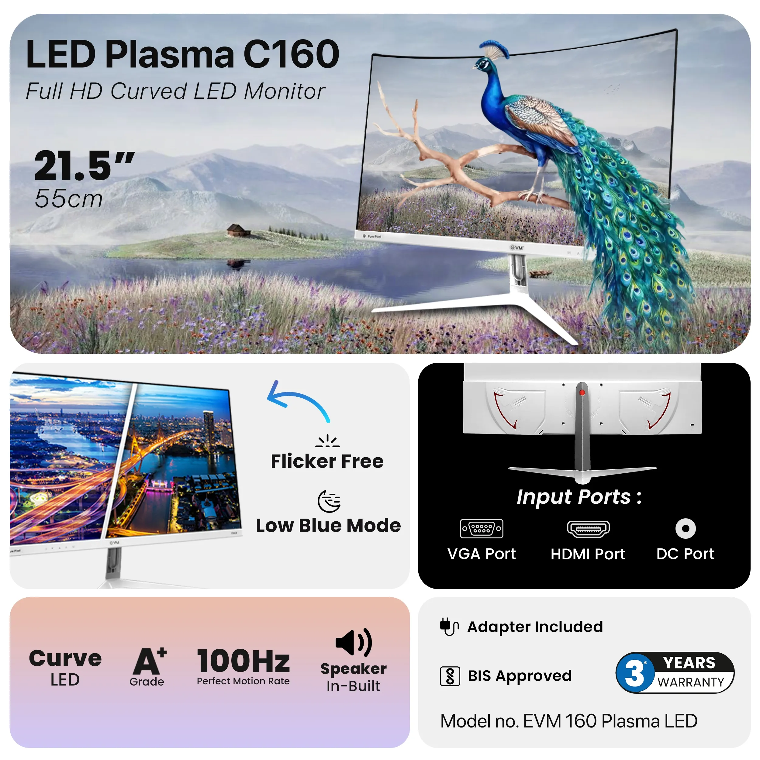 EVM LED Monitor 22" Curved FHD IPS 100Hz with HDMI | VGA | Speaker (Plasma 160) view 4